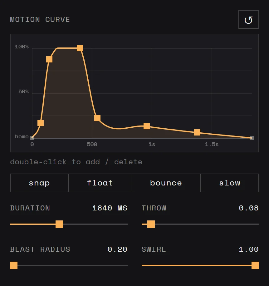 The mapper's motion curve: a drawn burst that rises fast, holds, then settles, with duration, throw, blast radius and swirl sliders.