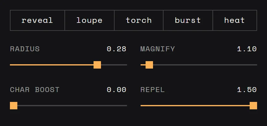 The mapper's lens presets and sliders: radius 0.28, magnify 1.10, char boost 0, repel 1.50.